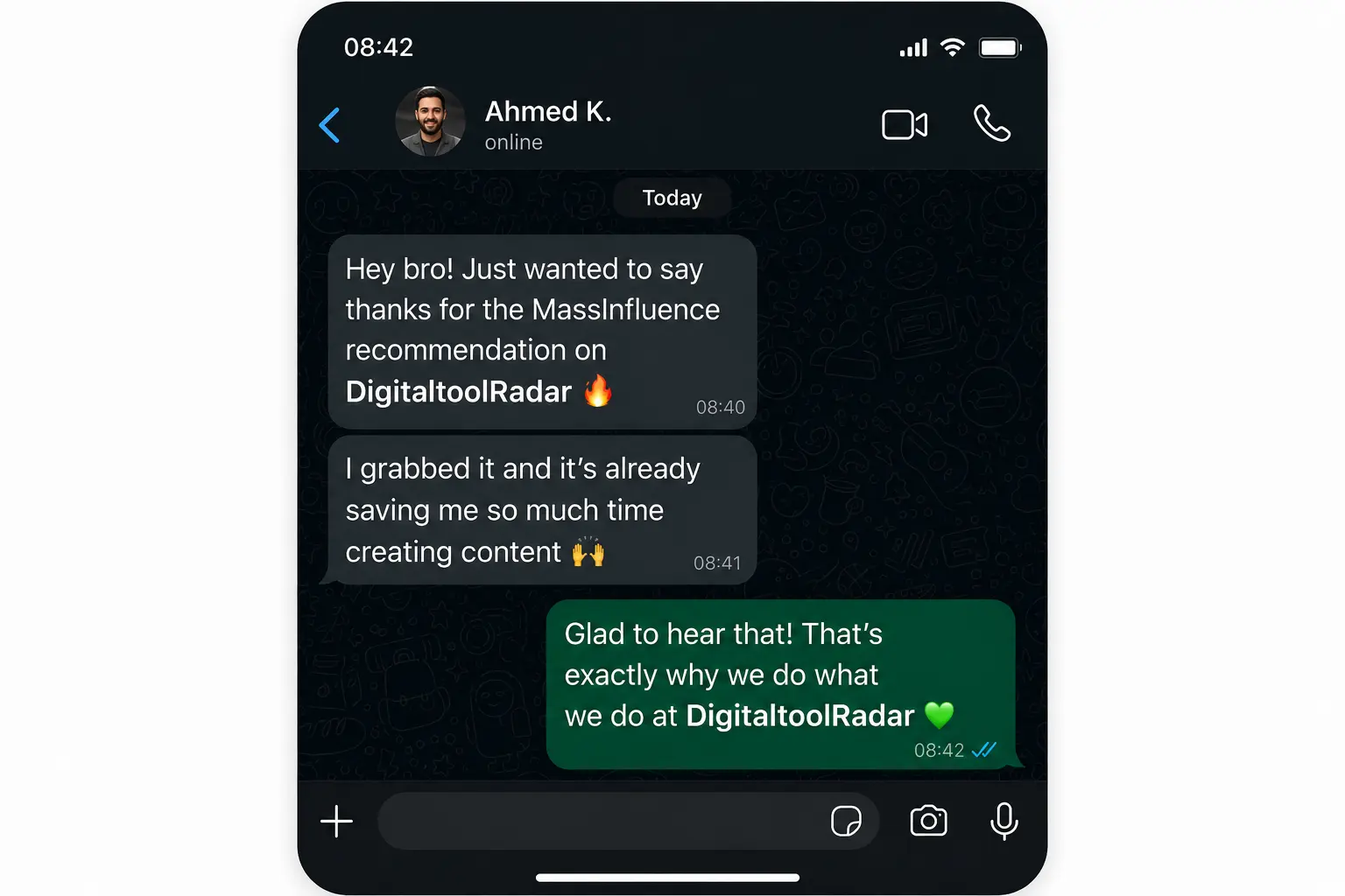 WhatsApp message from Ahmed K. thanking DigitaltoolRadar for a previous recommendation β said it's saving him time creating content