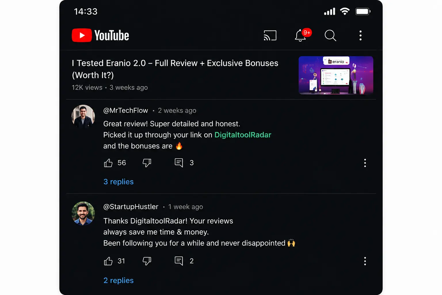 YouTube comments on a DigitaltoolRadar review β @MrTechFlow and @StartupHustler sharing feedback about previous recommendations