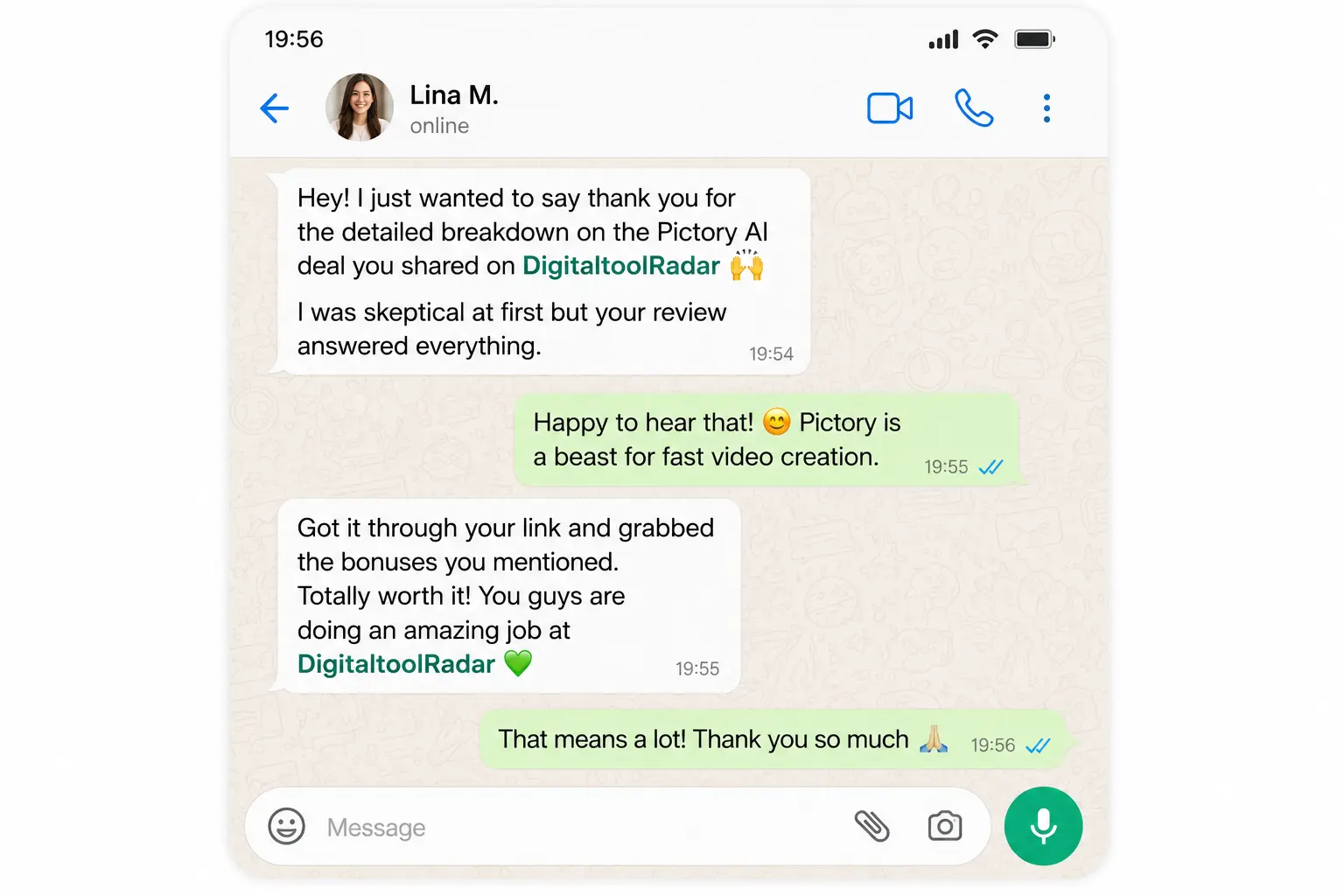 WhatsApp from Lina M. thanking DigitaltoolRadar for the Pictory AI breakdown β was skeptical but the review answered everything
