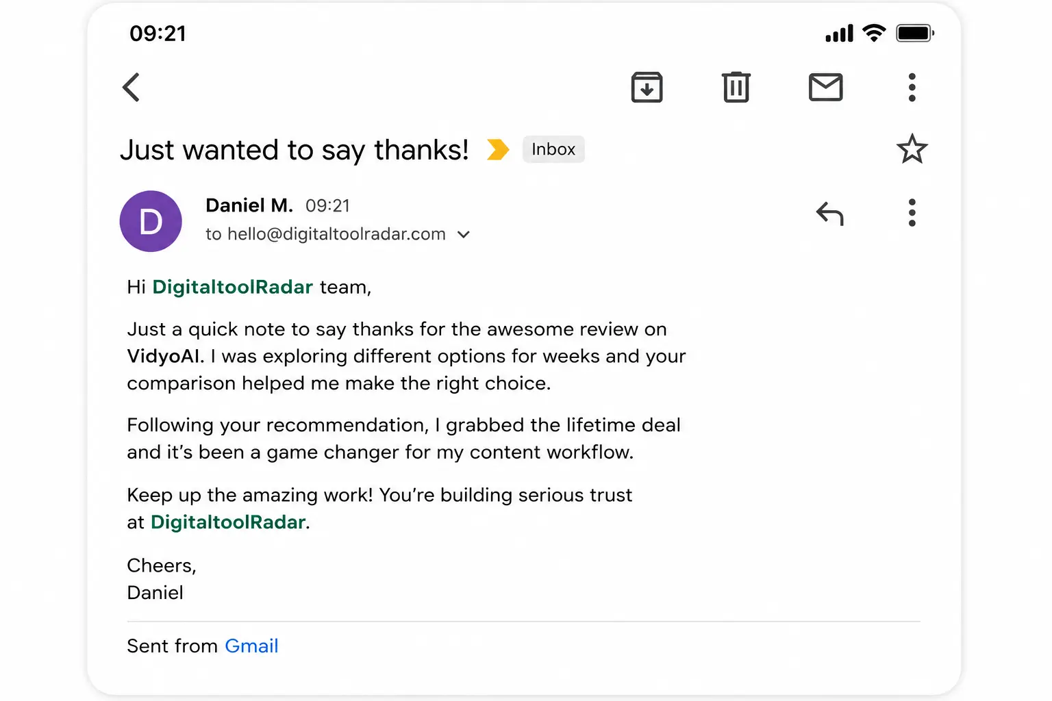 Email from Daniel M. thanking DigitaltoolRadar for the VidyoAI review β grabbed the lifetime deal and calls it a game changer